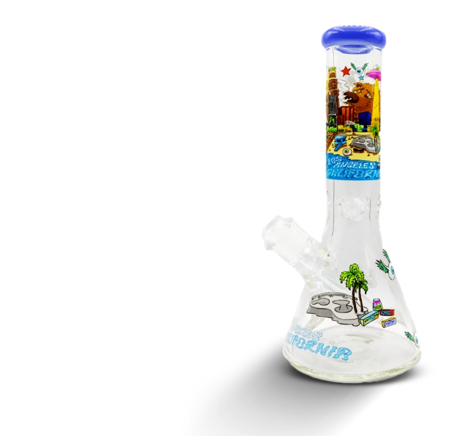 a glass bong with a blue top