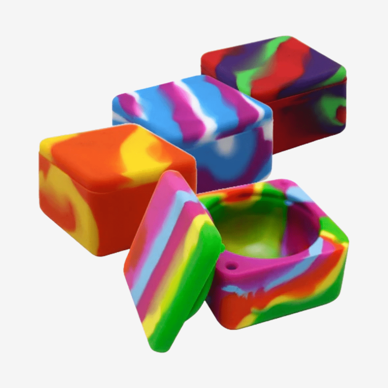 Durable and vibrant 37ml multicolor silicone cube jars – Available at Pipe King LLC LA Wholesale Smoke Shop