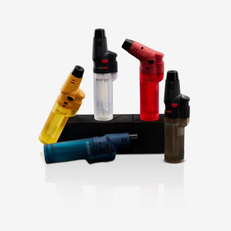 Alpha+ Transparent Torch Lighter – 5 Pack with adjustable 8-position head and windproof jet flame, refillable butane lighters in transparent Black, Red, Blue, Green, and White. Ideal for wholesale smoke shops.