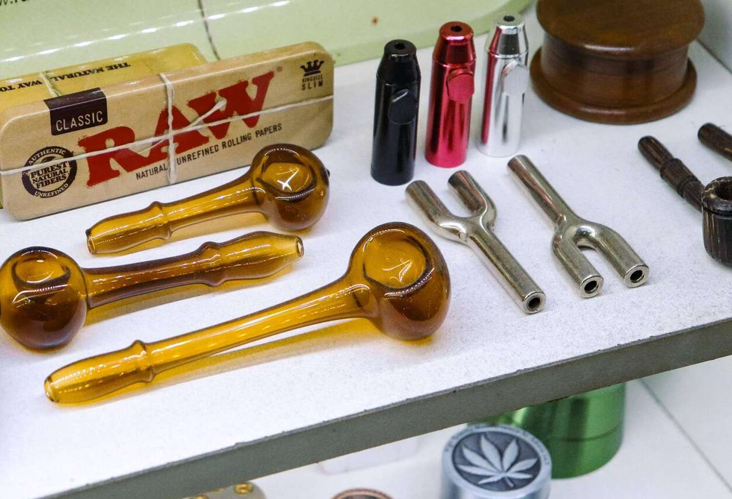 a group of glass pipes on a table