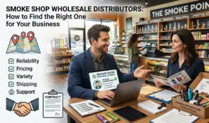 Shop owner checking different glass pipes from a wholesale supplier 