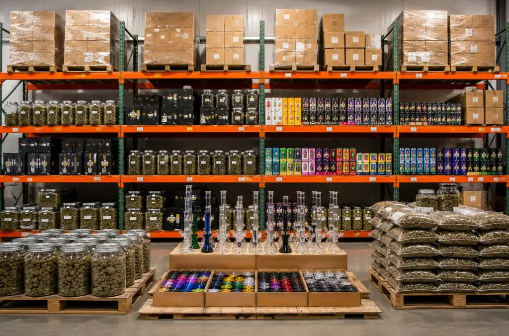 Wholesale oil burner pipe display with glass pipes, bulk inventory, and smoke shop supplies by Pipe420